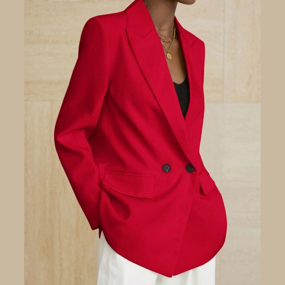 Crimson Red Double Breasted Peak Lapel Long Blazer with Flap Pockets